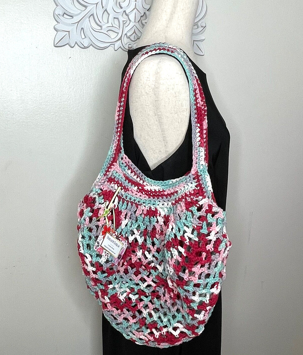 Crochet Market Tote Bag Handbag Handmade 100% COTTON Full Bloom Red Aqua NEW
